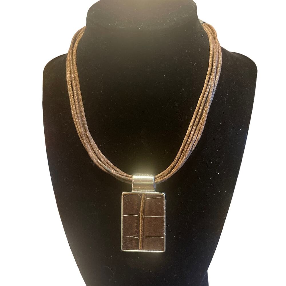 Cookie Lee Faux Leather Necklace Multi Strand with Textured Pendant Silver Toned